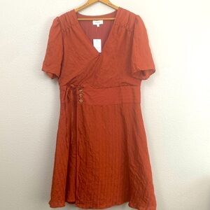 NWT Bohme Short Sleeve Wrap Dress in Rust Orange with Cognac Stripes size L